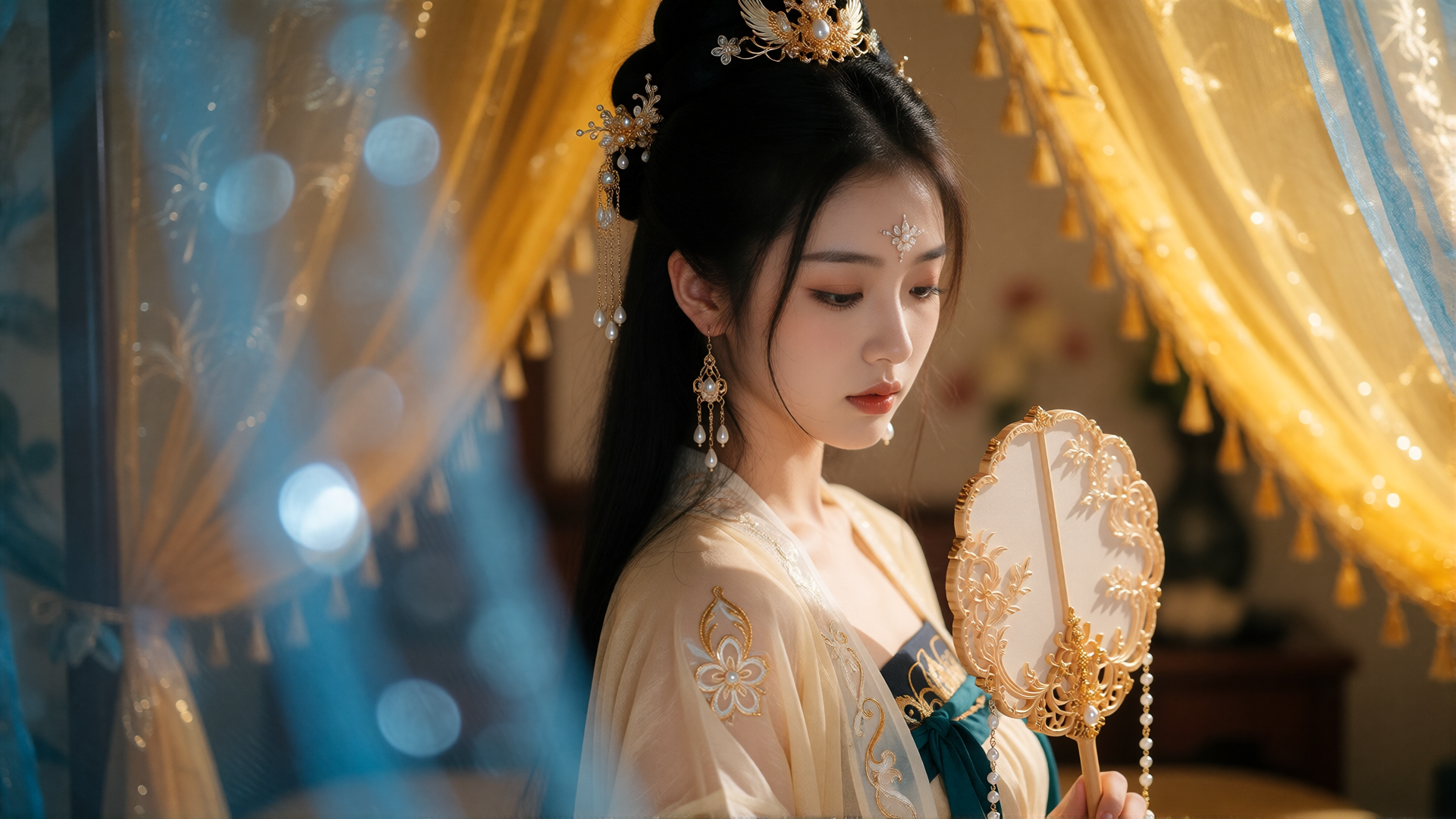金丝华服映镜影·古风美人静思图