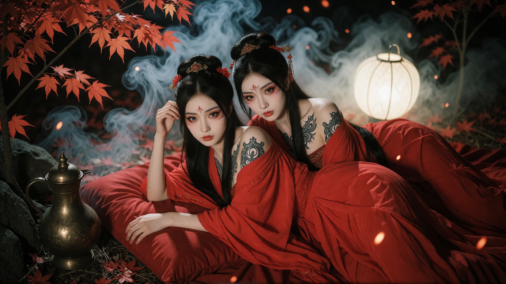 红衣双姝倚枫烟·古风意境壁纸