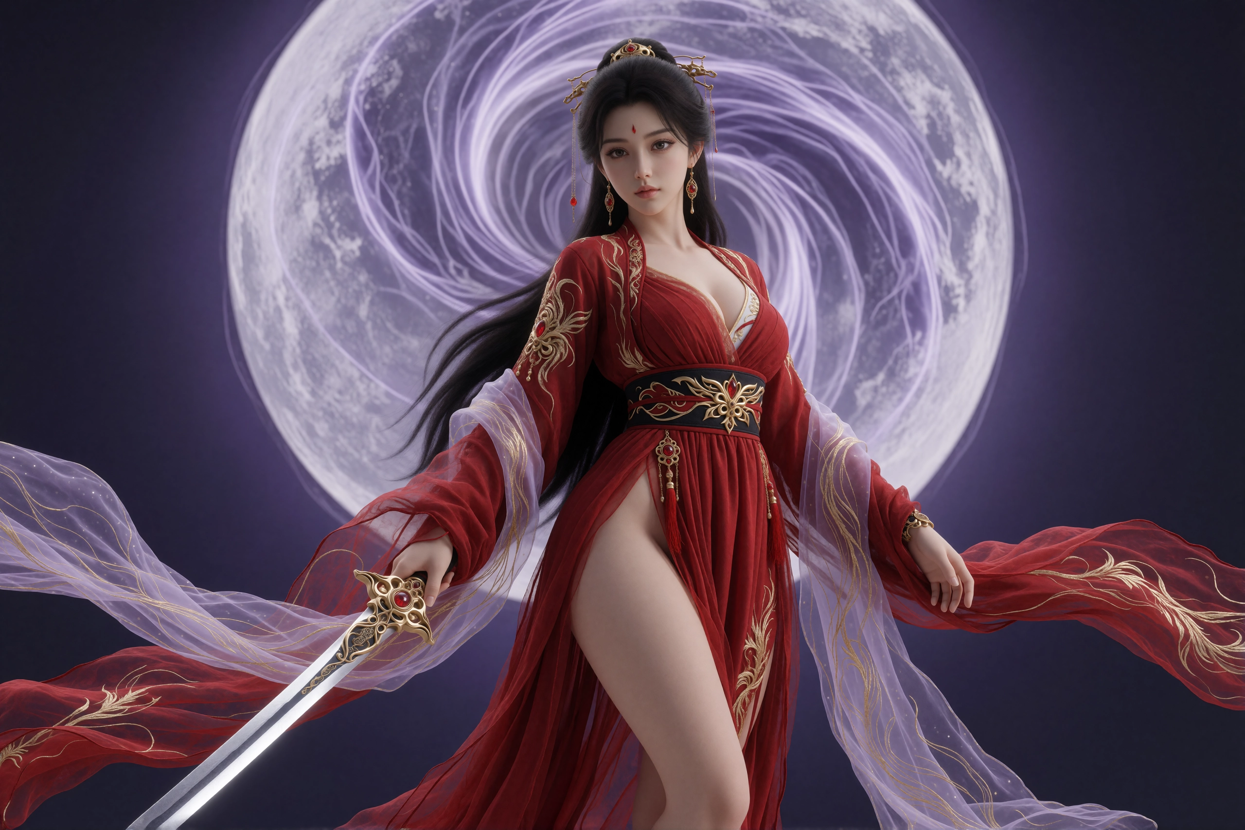 红衣仙子执剑立月前·古风唯美意境壁纸